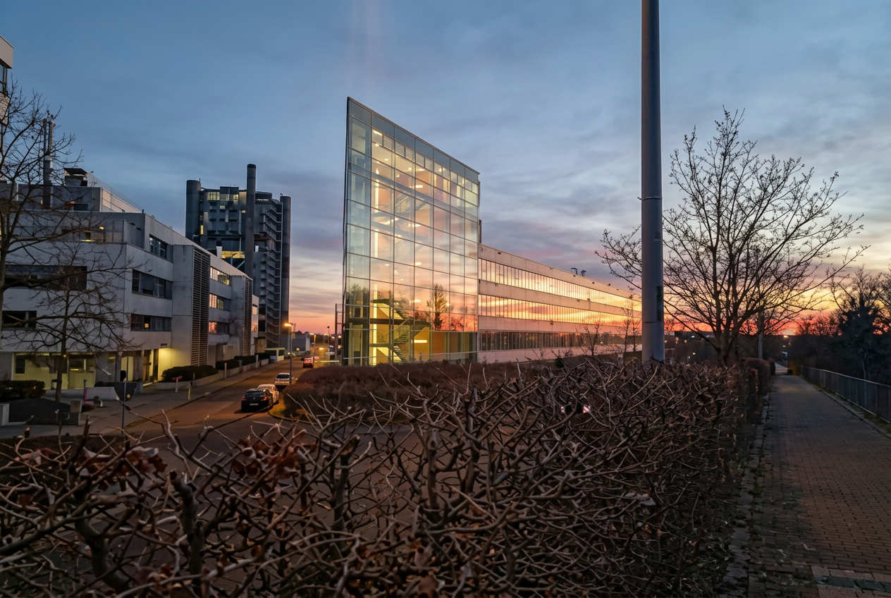 Stuttgart bei Abendlicht — Glasgebäude reflektiert den Sonnenuntergang